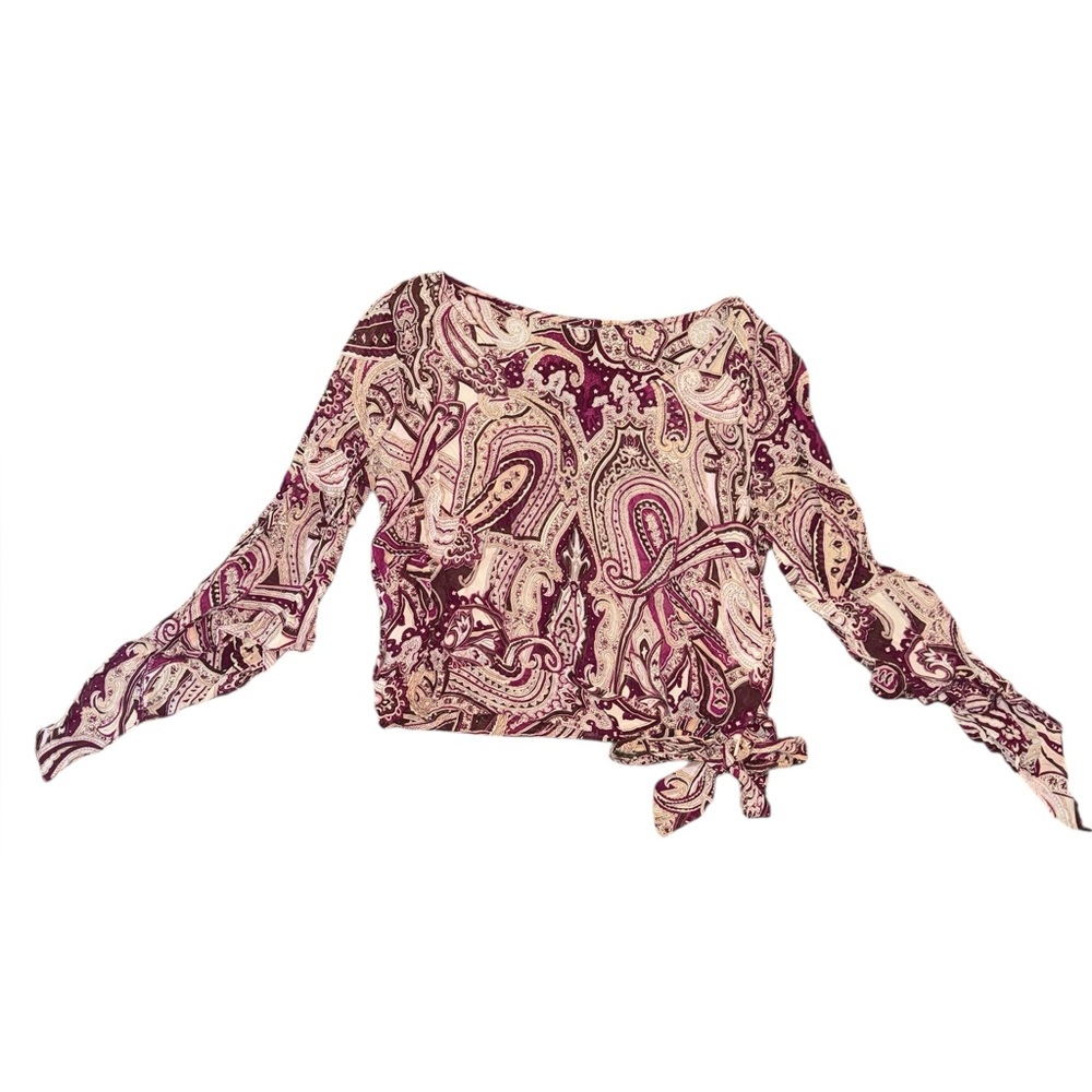Tie-Waist Paisley Long-Sleeve Blouse in Pink & Burgundy Festival Western Style